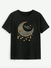 Black short-sleeved t-shirt with gold moon graphic round neck design