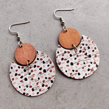 Ms. Pac-Man shape dangle earrings with wooden tops and spotted half-moons
