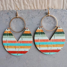 Ms. Pac-Man shape wooden dangle earrings with colorful striped semicircles
