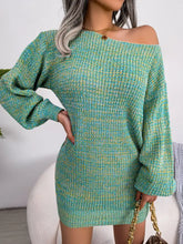 Cozy multi-color one-shoulder sweater dress in teal green with puffy sleeves