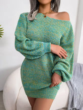 Cozy off-the-shoulder teal-green knit sweater dress with puffy sleeves