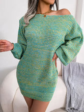 Multi-color one-shoulder sweater dress in teal lime green ribbed knit