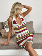 Vibrant multi-color striped halter neck knit sweater dress
