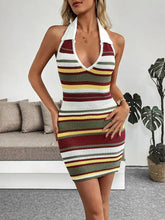 Multi-color striped halter neck knit sweater dress in maroon, white, olive, yellow