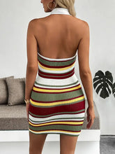 Multi-color striped halter neck knit sweater mini dress
