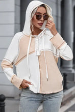 Multicolor colorblock ribbed henley hoodie with long sleeves