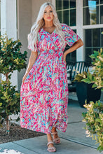 Multicolored Floral Print V-Neck Maxi Dress with Short Sleeves Hot Pink