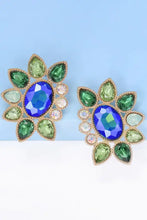 Blue and green glass stone dangle earrings with gold geometrical shapes