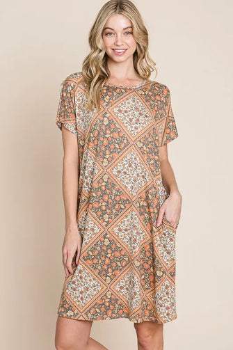 Multicolored Leaves Jacquard Dress with Floral Patchwork Print Camel