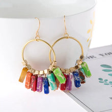 Pair of multicolored stone dangle earrings with gold hoops and rectangular beads