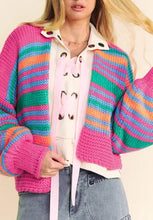 Multicolored striped knit cardigan with collar, buttons, and pockets