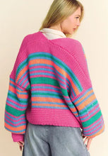 Multicolored striped oversized knit cardigan with pink collar and cuffs