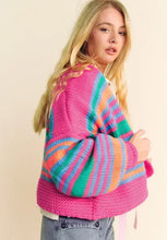 Multicolored striped knit cardigan with tassels, pink green accents, collar, buttons