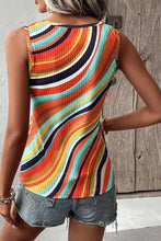 Multicolored striped ribbed tank top with cutout back and button detail