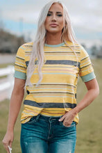 Multicolored striped round neck women’s tee with yellow-grey stripes