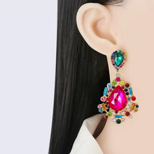 Multicolored teardrop shape rhinestone alloy dangle earrings with pink gem