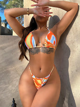 Multicolored Three Piece Swimsuit with Skirt and Removable Padding Multicolor