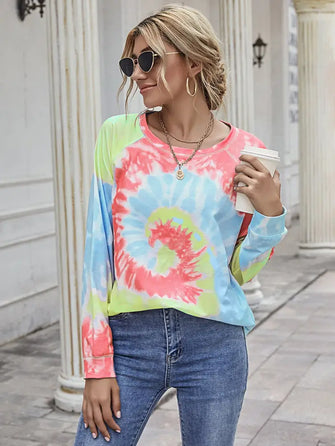 Multicolored Tie Dye Long Sleeve Round Neck Shirt for Women Coral Woman T Shirts
