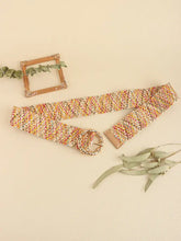 Multicolored wide belt with gold bamboo-style square buckle and floral design