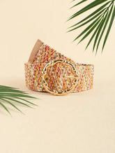 Multicolored wide belt with gold bamboo-style buckle and palm leaf design
