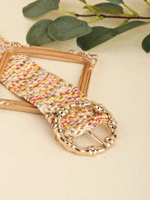 Multicolored wide belt with gold bamboo-style buckle and chain links