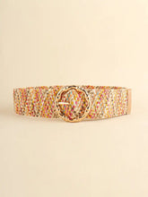 Multicolored wide belt with ornate gold bamboo-style buckle