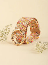 Multicolored wide belt with gold bamboo-style buckle and tweed floral pattern