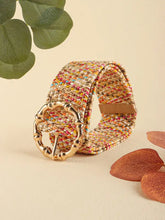 Multicolored wide belt with gold bamboo-style buckle and leather strap