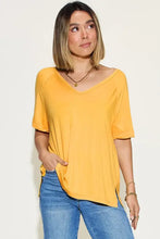 Mustard Bamboo Slit V-Neck T-Shirt for Women Gold Woman T Shirts