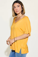 Mustard Bamboo Slit V-Neck T-Shirt for Women Woman T Shirts