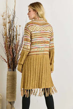 Mustard yellow fringe hem aztec cardigan with fair isle pattern