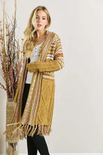 Mustard yellow fringe hem aztec cardigan with cable knit and Fair Isle pattern