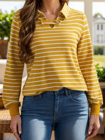Mustard Yellow and White Striped Long Sleeve Collared Shirt for Women Yellow