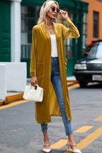 Mustard yellow velvet duster coat with long sleeve length and pockets