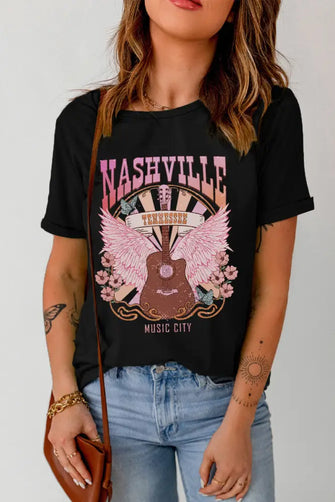 Nashville Black Graphic Tee with Round Neck and Regular Sleeve Length Black Woman T Shirts