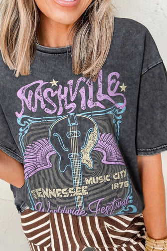 Nashville Graphic Acid Washed Gray Cotton T-Shirt for Women Black