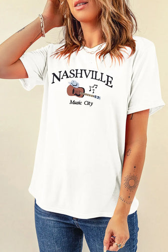 Nashville Music City White T Shirt for Women with Music City Print White