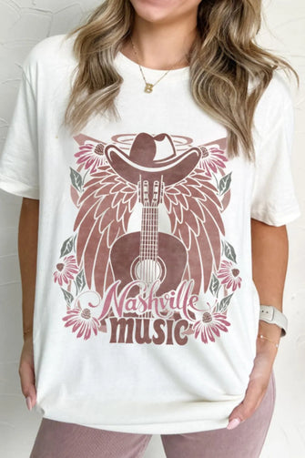 Nashville Music Guitar Wings Graphic White T Shirt for Women White