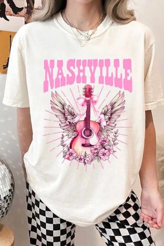 Nashville Pink Guitar Graphic Cream Women's T Shirt White