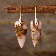 Pink natural stone geometric shape drop earrings with golden glittery inclusions