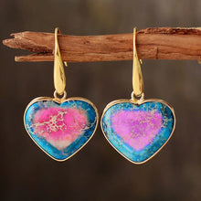 Natural stone heart drop earrings with pink blue marbled hearts in gold