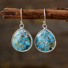 Natural stone teardrop earrings with silver hooks and blue, green stones