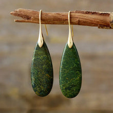 Natural stone waterdrop shape earrings in dark green marbled teardrops with gold hooks