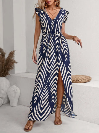 Navy and White Chevron Zebra Striped Maxi Dress Dark Blue