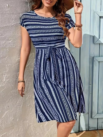 Navy and White Striped Tie Waist Dress Navy Blue