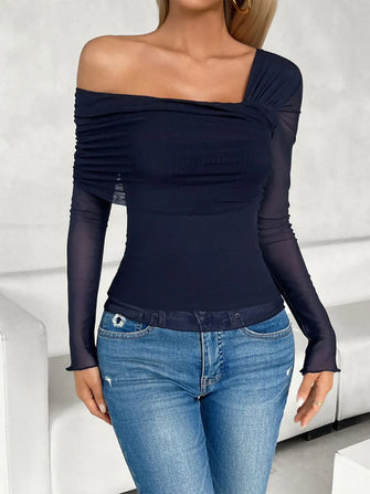Navy Blue Asymmetrical Off-Shoulder Long Sleeve Top Dark Blue