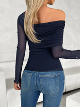 Navy Blue Asymmetrical Off-Shoulder Long Sleeve Top