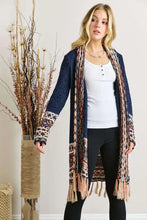 Navy blue Aztec border cardigan with fringe hem and patterned sleeves
