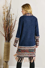 Navy blue Aztec border cardigan with fringe hem and patterned sleeves