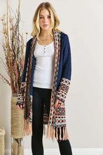 Navy blue Aztec border cardigan with fringe hem and patterned sleeves